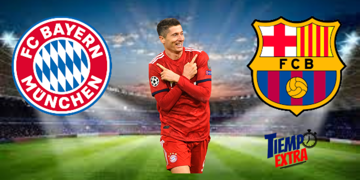 imagen de Robert Lewandowski señalando el escudo del Bayern Múnich y el del FC. Barcelona
